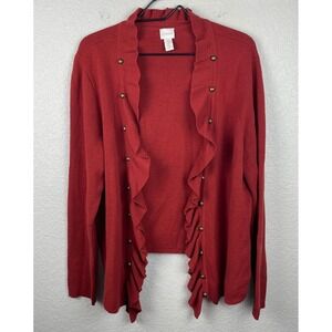 CHICOS Cardigan Sweater Size XL 3 Red Rust Stud Detail Ruffled Open Cotton Boho